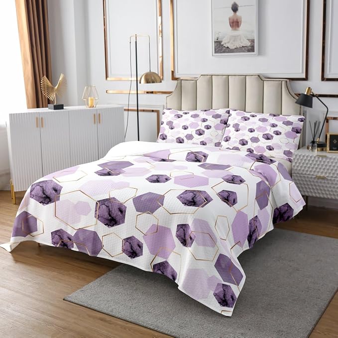 Erosebridal Lavender Purple Modern Quilt Set Twin - Marble Grain Geometric Coverlet Set, Fresh Abstract Geometric Art Bedspread Sets for Boys Girls Watercolor Hexagon Bed Sets with 1 Pillowcase