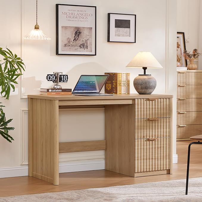 LEYAOYAO Office Desk 48" with 3 Drawers Storage File Cabinet Wood Fluted Desk for Computer Office Bedroom Home Furniture Natural
