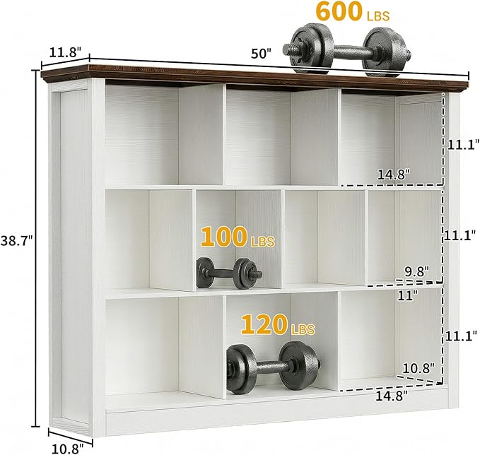 Unikito 10 Cube Storage Book Shelf - 50" Wide Wood Cube Storage Organizer, Wooden 3 Tiers Floor Standing Low Bookcase for Living Room, Bedroom, Home Office, Kids Room, Rustic White and Brown