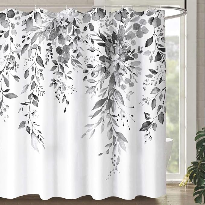 Long Gray and White Eucalyptus Shower Curtain Watercolor Grey Floral Plant Leaf Shower Curtains for Bathroom Botanical Flower Waterproof Fabric Bath Curtain with Hooks (Black, 72'' x 78'')