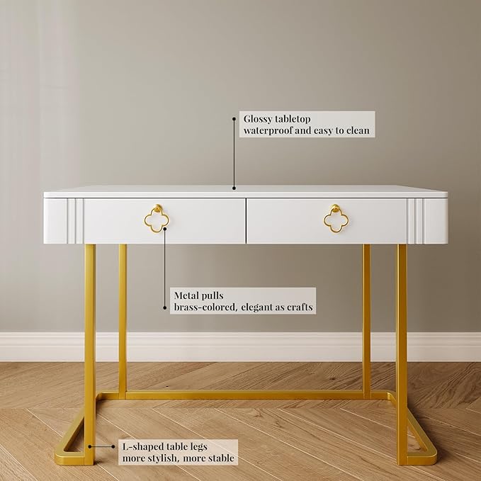 Tamworth Design White Vanity Desk with 2 Drawers, Gold and White Desk,Home Office Desk Modern Makeup Vanity Table, Entryway Console Table, Sofa Table (Deluxe Leg)