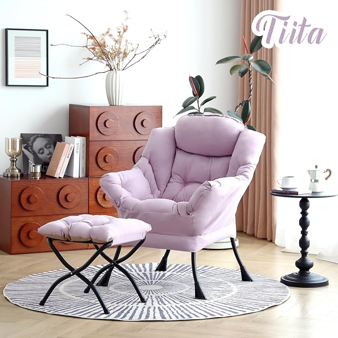 Tiita Lazy Chair with Ottoman, Purple Modern Large Accent Chair, Comfy Leisure Sofa Armchair with Ottoman, Reading Chair with Footrest for Bedroom, Living Room, Dorm Rooms, Purple