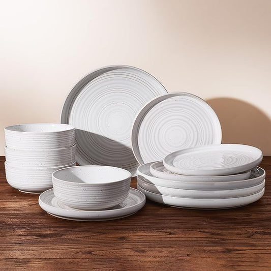 Stoneware Dinnerware Sets, Plate and Bowl Sets for 4, 12 Pieces Spiral Flared Dishware with Speckles and Reactive Glaze, Microwave Dishwasher Safe Family Tableware, White