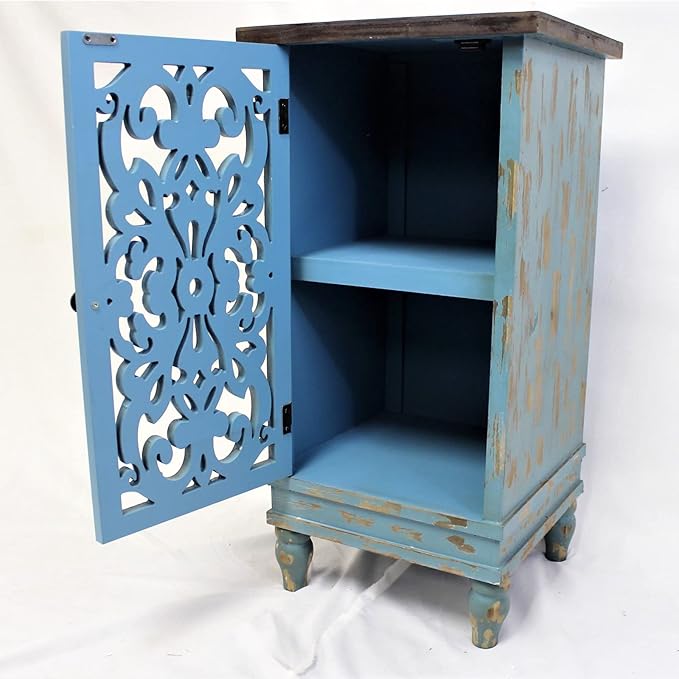 eHemco Distressed Blue Accent End Table with Pierced Floral Fretwork Door – Vintage Rustic Wood Storage Side Table for Living Room