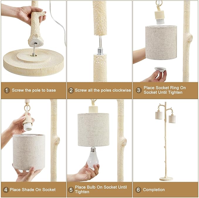 Floor Lamp for Living Room - 69" Rustic Farmhouse Tree Trunk Tall Lamp - Country Resin Vintage Reading Light with Linen Shade Standing Lamps for Bedroom Office Classroom Home Decor (Almond White)