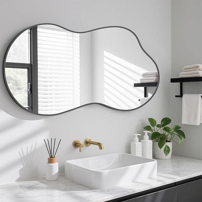 HOMECOOKIN 46" H x 26" W Irregular Wall Mirror, Asymmetrical Decorative Mirror with Black Aluminum Frame, Wavy Abstract Black Mirror, for Living Room, Bedroom, Bathroom, Entryway, Cloakroom