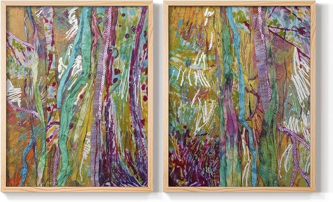 Renditions Gallery Set of 2 Peel & Stick Framed Prints, Modern Abstract Wall Art, Colorful Artistic Painting Wall Decor, Re-Stickable - Ready to Hang - 22"x28" - NATURAL WOOD Frame LT588