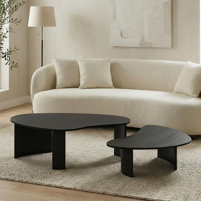 Modern Black Wood Coffee Table 47.25 Inch for Living Room, Sturdy Center Table with Irregular Mango Top and Fluted Legs for Small Apartment