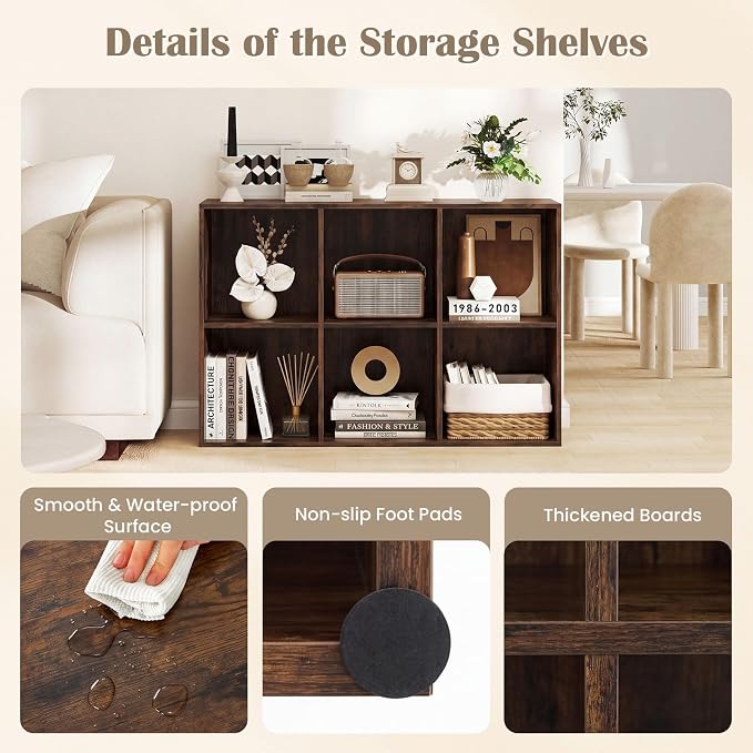 Tangkula 6-Cube Bookcase, Large Floor Standing Horizontal Bookshelf with 6 Open Shelves & 2 Anti-Tipping Kits, Home Office Wooden Storage Book Shelf for Living Room, Study (Rustic Brown, 6-Cube)