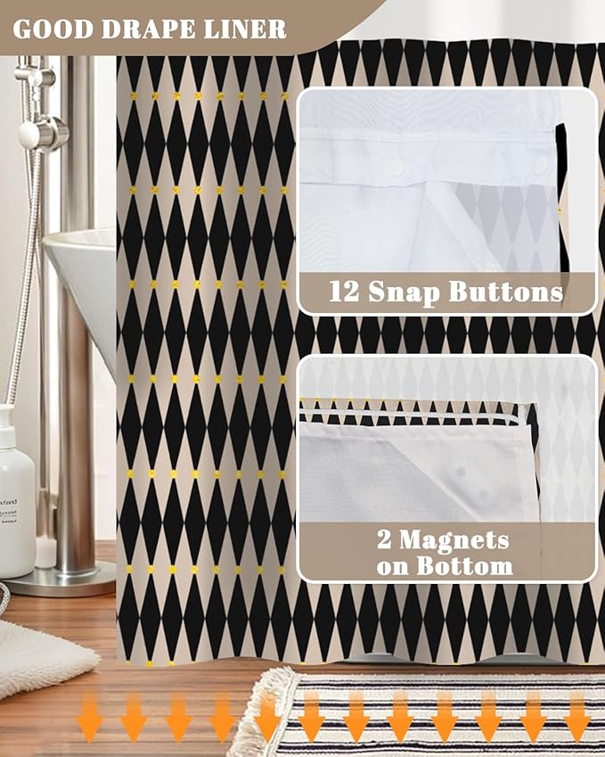 No Hook Shower Curtain with Snap in Liner, Black and Beige Diamond Geometric Double Layer Waterproof Bath Curtain for Modern Mid Century Bathroom Decor, See Through Top, 71x74 Inch