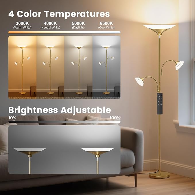 SIBRILLE 3 Way Torchiere Floor Lamp - 42W Dimmable LED Tree Standing Lamp with Remote, 2300LM, Color Changing, 72" Tall Bright Floor Lamp for Living Room Bedroom Office
