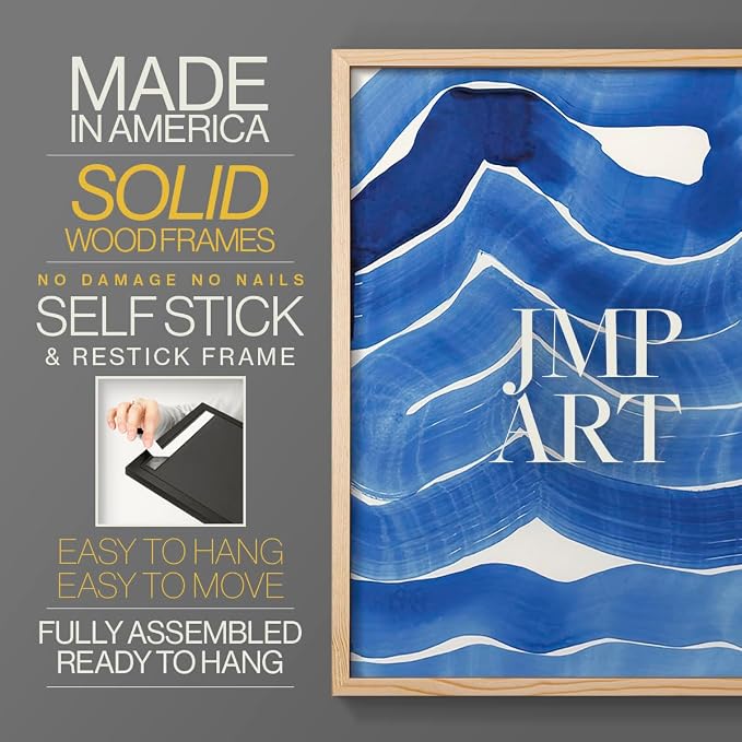 Renditions Gallery Set of 2 Peel & Stick Framed Prints, Watercolor Abstract Wall Art, Bold Brushstrokes in Shades of Blue Wall Decor, Re-Stickable - Ready to Hang - 8"x10" - NATURAL WOOD Frame LT588