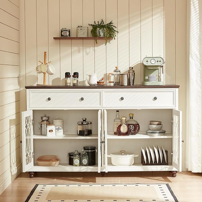 Large Sideboard Buffet Cabinet Set of 2 with Storage,59" Credenza with 4 Glass Doors & 2 Drawers,Adjustable Shelves Coffee Bar,Wood Kitchen Console Table for Dining Room,White