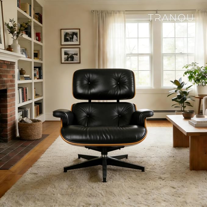 Mid-Century Genuine Top Grain Leather Chaise Lounge Chair & Ottoman, Walnut Wood Base, Modern Classic Design for Living Room & Office