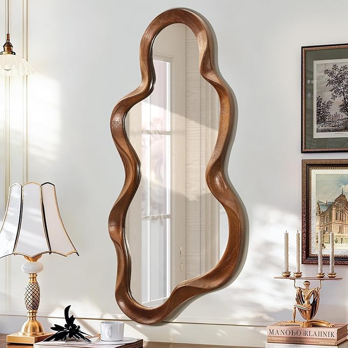 Large Asymmetrical Mirror Irregular Wood Frame Modern Unique Wall Mounted Artistic Wavy Mirrors Decor Bathroom Vanity Bedroom Living Room Entryway Hallway 47"x22"