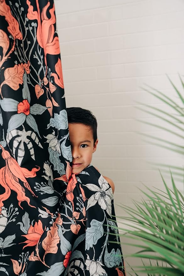 Dark Coral Floral Print Shower Curtain - Moody Modern Black Flowers Pattern - Modern Home Decor - Vintage Botanical Style Cool Fabric Shower Curtain For Any Bathroom - 72x72 Inches (Dark Floral)