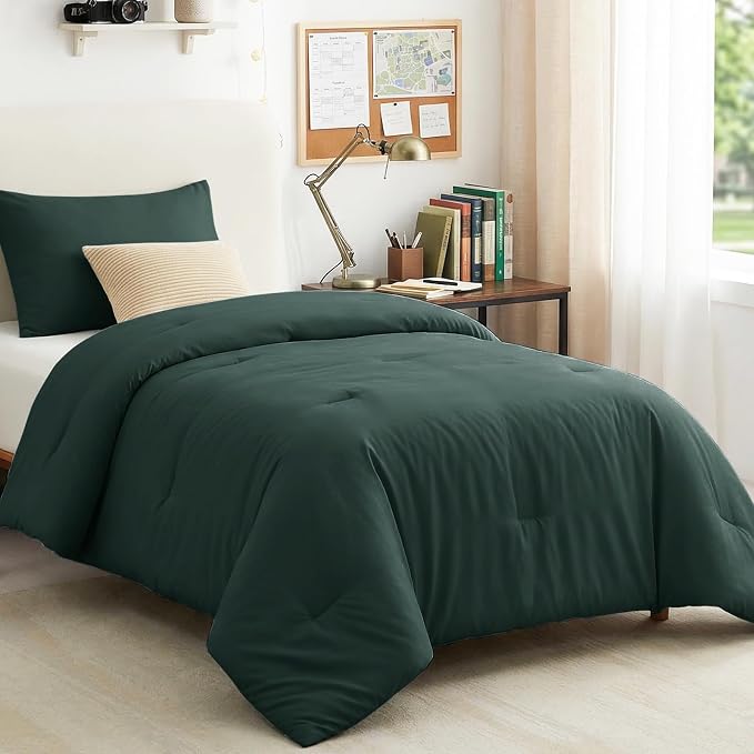 CozyLux Twin Comforter Set College Dorm Essentials, 2 Pieces Forest Green Twin Extra Long Solid Bedding Sets, Twin XL Bed Set with Down Alternative Comforter and 1 Pillowcase, Back to School Room Gift