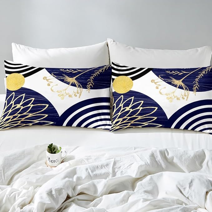 Erosebridal Navy Blue Boho Modern Duvet Cover Full Size for Women Men Adults - Mid Century Abstract Comforter Cover Bohemian Geometric Bedding Set Chic Contemporary Stripes Bed Set