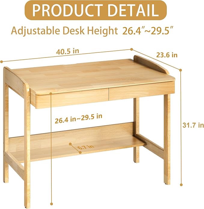 100% Solid Wood Desk with Drawers - 40 Inch Mid Century Modern Desk, Vintage Desks with Shelf, Adjustable Height Writing Computer Desks - Natural Oak