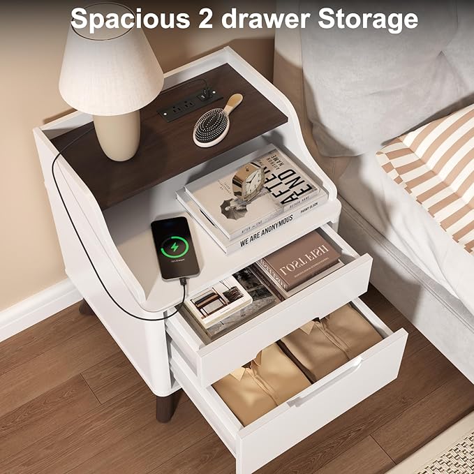 Nightstand with Charging Station, 21" Tall Nightstand w/2 Storage Drawers, Wood Night Stand with Hidden Handle, 17'' Wide Modern Bedside Table for Bedroom, White