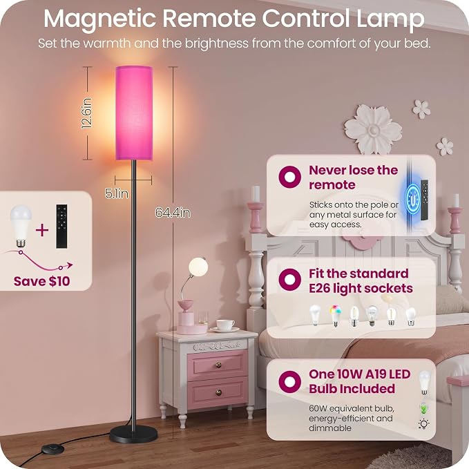 Dimmable Purple Floor Lamp for Living Room with Remote and Foot Switch, Corner Floor Lamp for Bedroom, 64.4" Standing Tall Lamp, 10W 900LM Bulb Included, 3000K-6500K, Linen Shade, FCC Listed Z06LD05W1