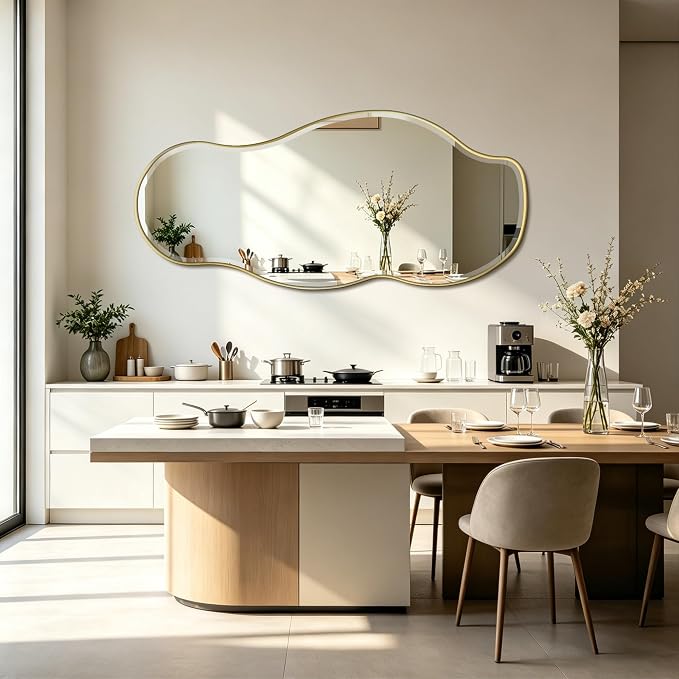 POZINO Large Irregular Beveled Mirror, 63"x28.5" Asymmetrical Full Length Mirror with Gold Metal Frame, Organic Shape Wall Mirrors for Entryway Living Room Bathroom, Horizontal/Vertical Hanging
