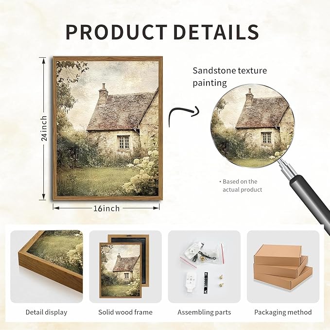 Vintage Farmhouse Wall Art, 3D Textured Nature Landscape Wall Decor Paintings, Hand Drawn Sandstone Farm House Picture Prints Artwork for Bedroom Living Room 16x24 inch Wood Framed