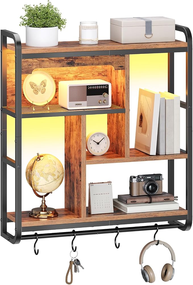 HOOBRO Gaming Floating Shelves with LED Lights, 26.4" LED Wall Mounted Shelf, Modern Corner Shelf 3-Tier Display Rack for Wall Storage, Arched Design, for Living Room, Rustic Brown and Black BF44DBJ01