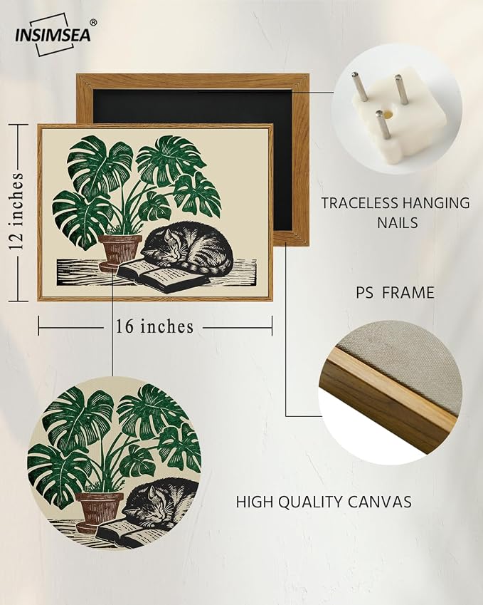 InSimSea Sleeping Cat and Monstera Plant Framed Wall Art, Waterproof Canvas Print Linocut Style, Botanical Decor for Living Room Office and Bedroom 12x16 Inch