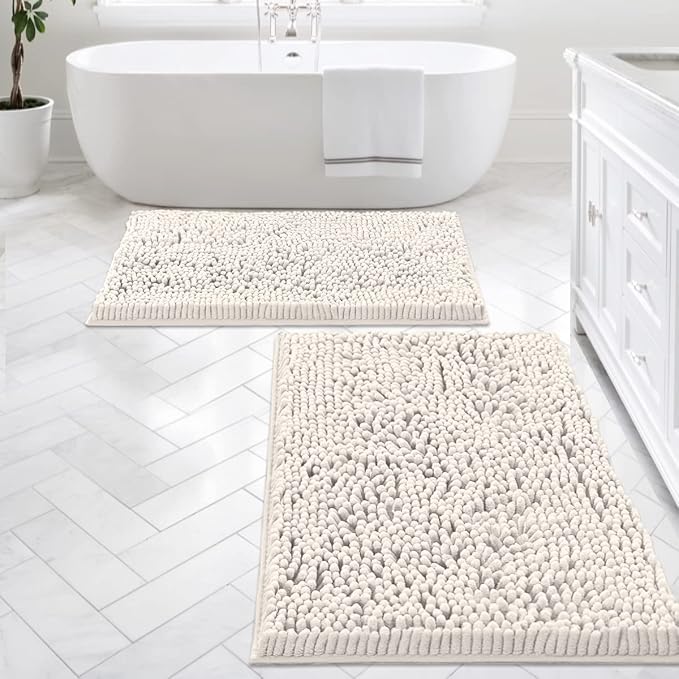 H.VERSAILTEX Bath Mats for Bathroom Non Slip Luxury Chenille Bathroom Rugs Extra Soft Absorbent Shaggy Mat Rugs Washable Fast Dry 2 Piece (Ivory, 24" x 36"/20" x 32")