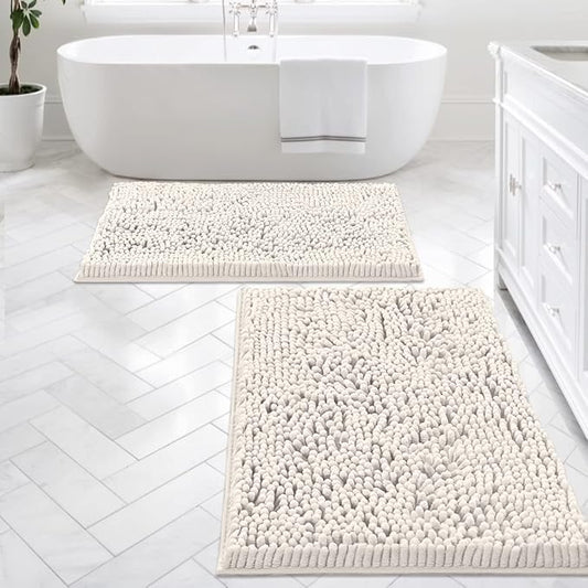 H.VERSAILTEX Bath Mats for Bathroom Non Slip Luxury Chenille Bathroom Rugs Extra Soft Absorbent Shaggy Mat Rugs Washable Fast Dry 2 Piece (Ivory, 24" x 36"/20" x 32")
