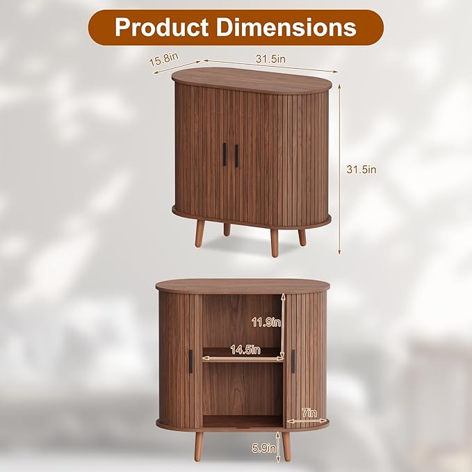 31.5" Fluted Sideboard Buffet Cabinet with Tambour Storage Oval Curved Accent Console Table for Dining Room Kitchen Living Room (Walnut)