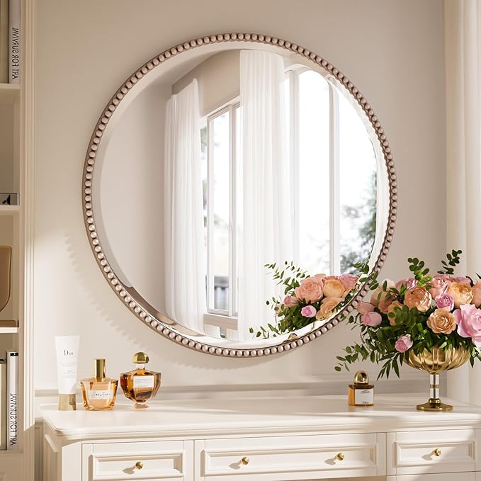28 Inch Round Bathroom Mirror - Luxurious Retro Beaded Circle Decorative Wall Mirror with PU Frame Hanging Leaning as Art Decor for Entryway, Bedroom, Living Room, Hallway, Silver