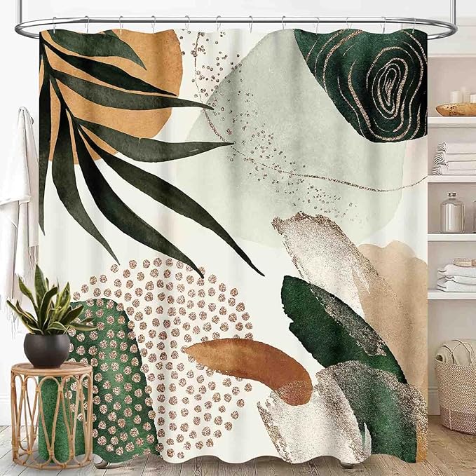 Mid Century Modern Shower Curtain for Bathroom, Boho Aesthetic Tropical Palm Leaves Bohemian Abstract Minimalist Sage Green Waterproof Fabric Shower Curtain Set with Hooks, 72"x78" Inch