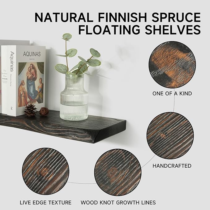 24 Inch Wooden Floating Shelves for Wall Set of 2, Finnish Spruce Solid Wood Shelf, Natural Wood Floating Shelves for Living Room, Bathroom, Bedroom, Kitchen, Country Brown Finish