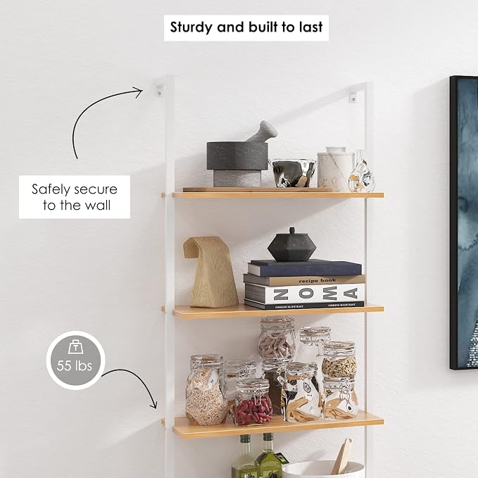 DlandHome Industrial Wall Mounted Shelves 5-Tier Ladder Shelves Bookcase Open Display Shelves with Metal Frame，Teak