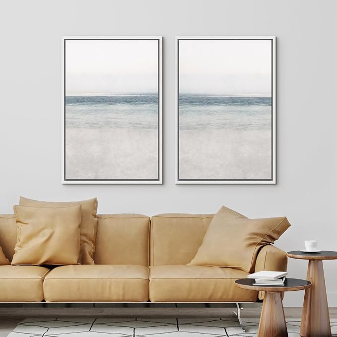 IDEA4WALL Framed Canvas Print Wall Art Set Abstract Beach Shore Ocean Wave Horizon Nature Wilderness Illustrations Modern Art Decorative Coastal Cottage Seascape Minimal for Bedroom - 16"x24"x2 White