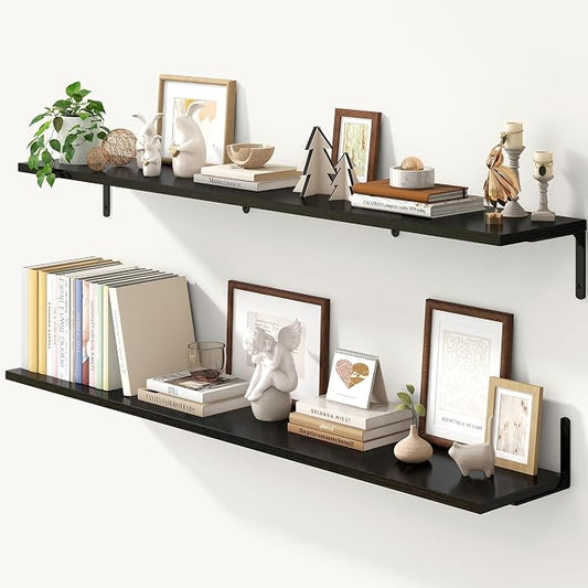 Fun Memories Deep Floating Shelves, 55W x 8D Floating Shelves Set of 2, Wall Mounted Shelf with Metal Brackets, Rustic Wood Wall Shelf for Bathroom, Kitchen and Living Room, Black