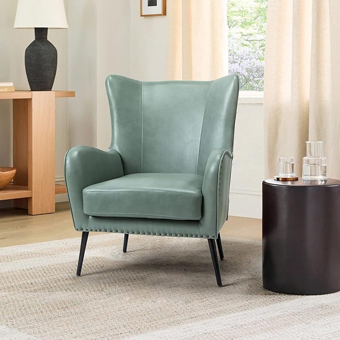 HULALA HOME Faux Leather Accent Chair with Removable Cushion, Comfy Upholstered Armchair with Black Metal Legs & Nailhead Trim Wingback Vanity Chair for Bedroom Reading Living Room, SAGE
