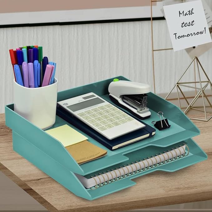 Acrimet 2 Tier Paper Organizer Letter Tray – Plastic Stackable Desk File Organizer, Side Load Paper Sorter for Letter/A4 Office File Folder Holder – Solid Green