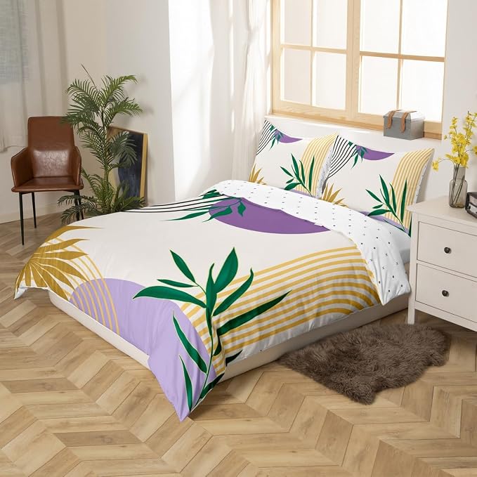 Erosebridal Geometric Leaves Duvet Cover Queen for Kids Teens Adults,Mid Century Purple Comforter Cover,Abstract Modern Boho Bedding Set,Gold Botanical Minimalist Bed Set 3 Pcs Bedroom Decor