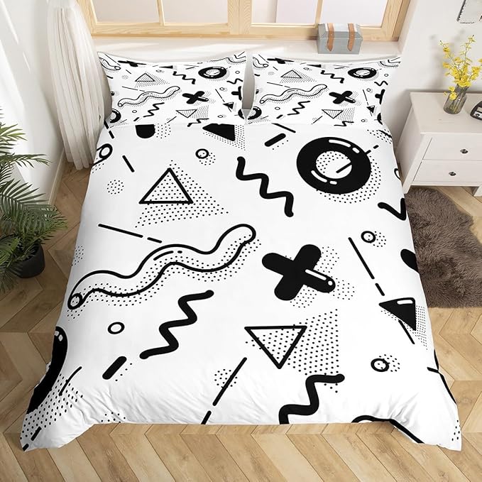 Manfei Memphis Duvet Cover Set Queen Size, Retro 80s 90s Fashion Style Comforter Cover with 2 Pillowcases, Geometric Black White Bedding Set 3pcs for Kids Boys Lightweight Bedspread Cover,No Comforter
