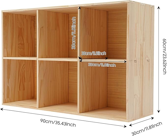 6-Cube Pine Wood Storage Organizer, Solid Wooden Bookshelf with Back Panel, 11in Shelf Opening Bookcase, Freestanding for Living Room, Bedroom, Office (35.4 x 11.8 x 23.6in)