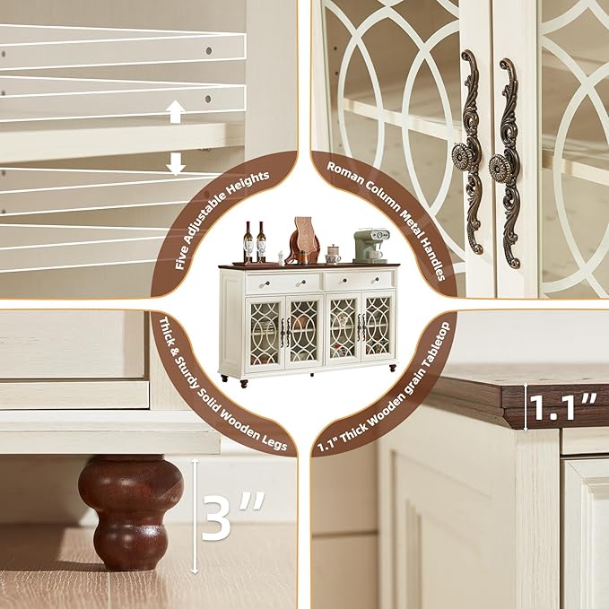 Farmhouse Sideboard Buffet Cabinet Set of 2 with Storage,59" Large Credenza with 4 Glass Door & 2 Drawers,Adjustable Shelves Console Table,Wood Kitchen Coffee Bar for Dining Room,White