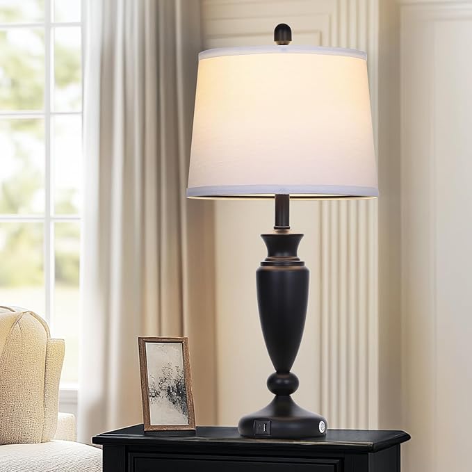 27'' Black Table Lamp Single, 3 Way Touch Control Living Room Lamp with USB A+C Ports, Modern Bedside Lamp, Elegant Metal Nightstand Lamps for Bedroom Office End Table Decoration
