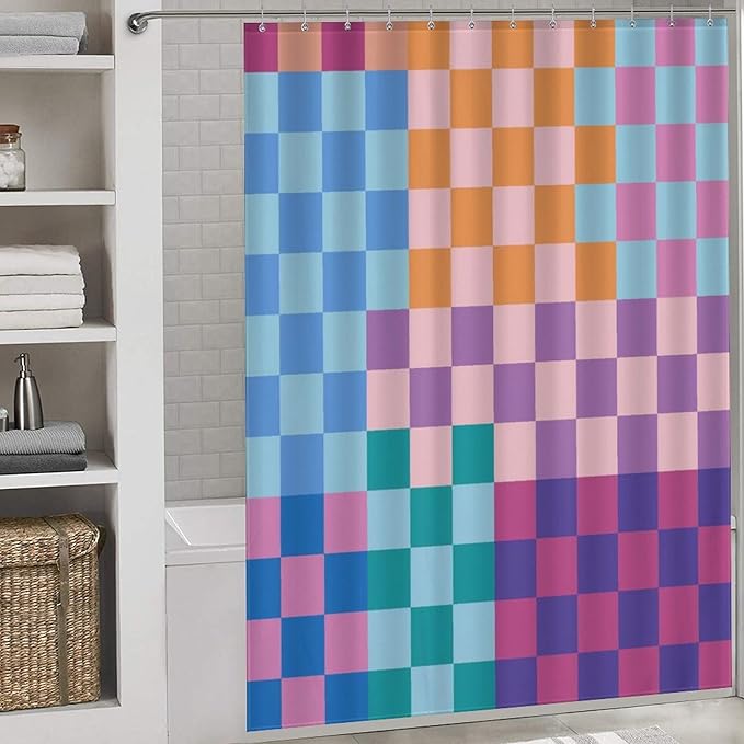 70S Checkered Shower Curtain, Retro Vintage Funky Hippie Aesthetic Groovy Rainbow Modern Checkboard Cute Colorful Purple Waterproof Fabric Bathroom Shower Curtain Set with Hooks, 72"x84" Inch