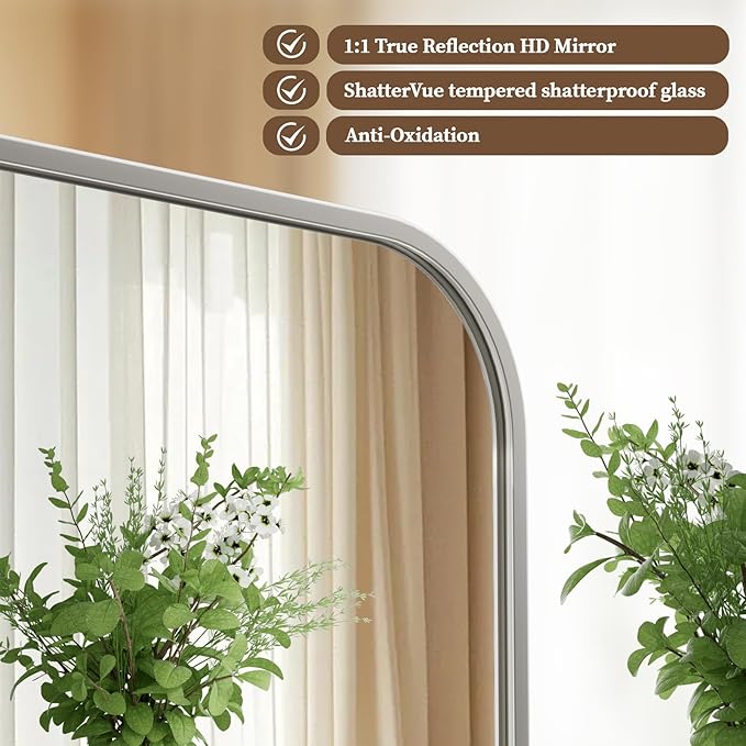 BEAUTYPEAK Wall Mounted Bathroom Mirror - 20" x 28" Silver Rectangular Aluminum Alloy Frame Mirror with Rounded Corners