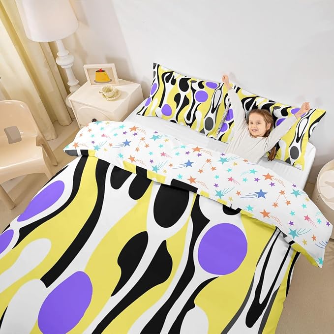 Erosebridal Organic Abstract Duvet Cover Set Modern Contemporary King Bedding Set for Adult Men Boho Mid Century Wavy Lines Comforter Cover Retro Geometric Bed Sets,Yellow Purple