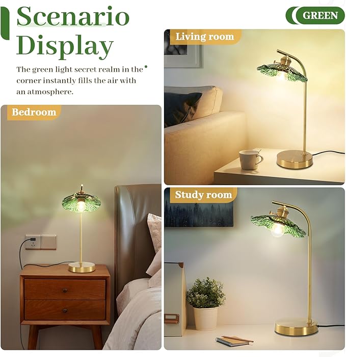 Glass Table Lamp Mid Century Modern Table Lamp Vintage Table Lamps Gold Desk Lamp Touch Bedside Lamps with Green Flower Shade Small Nightstand Lamps for Bedroom Living Room Office