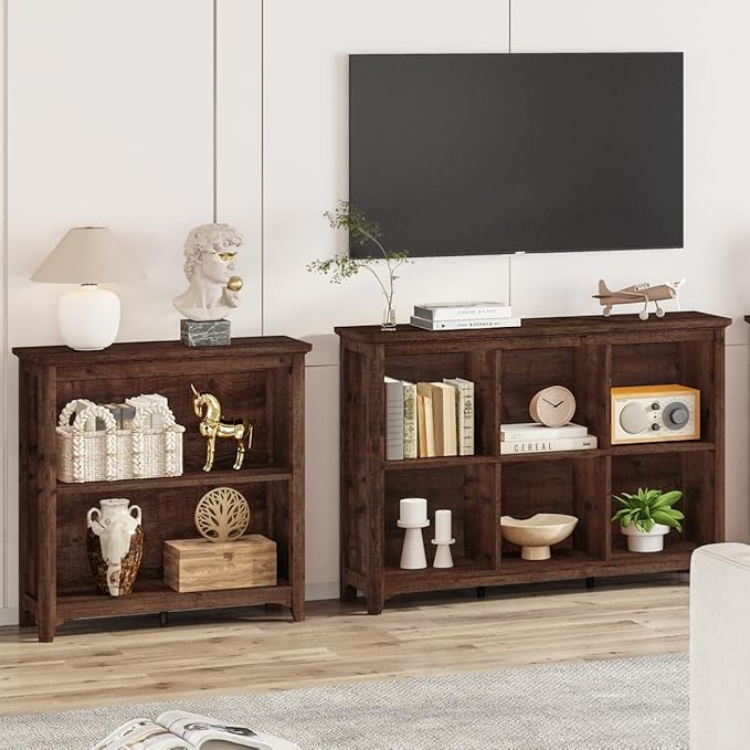 BON AUGURE 6 Cube Storage Bookshelf, Horizontal Wooden Bookcase with Curved Edge, Floor Standing Cubby Organizer for Living Room, Bedroom & Home Office (Rustic Oak)